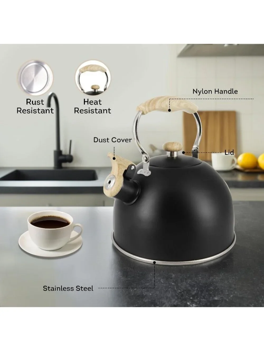 Matte Black Kitchen Whistling Tea Kettle 2 Quart Stainless Steel Stovetop Teapot